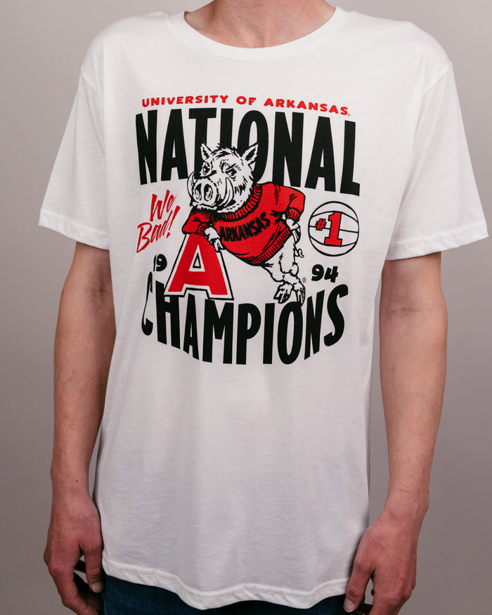 White 1994 National Champions Arkansas Razorbacks Basketball Vintage T-Shirt Front
