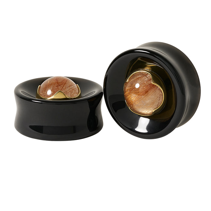 Black Obsidian & Rutilated Quartz Stone Inlay Plugs