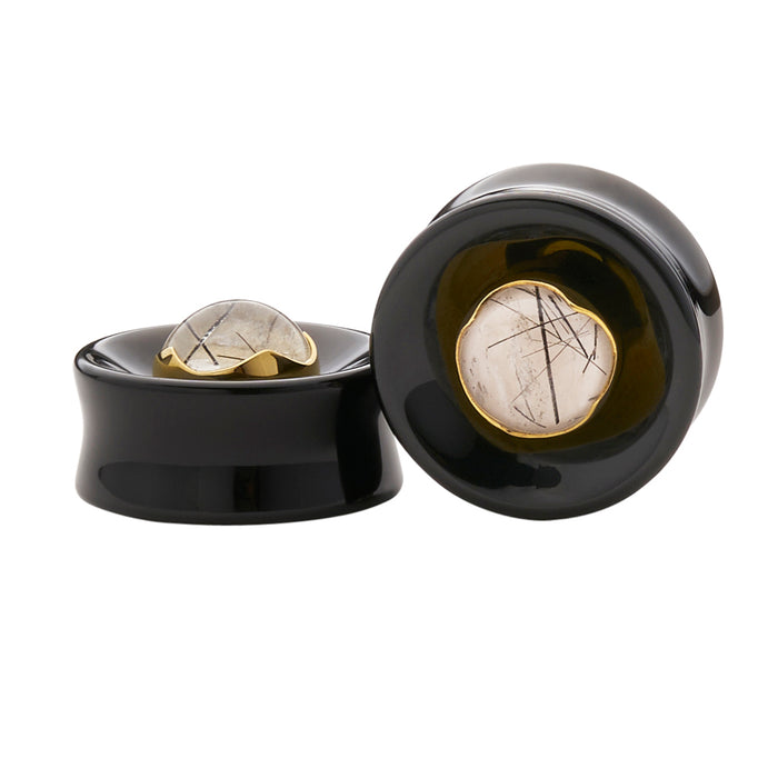 Black Obsidian & Tourmalated Quartz Stone Inlay Plugs