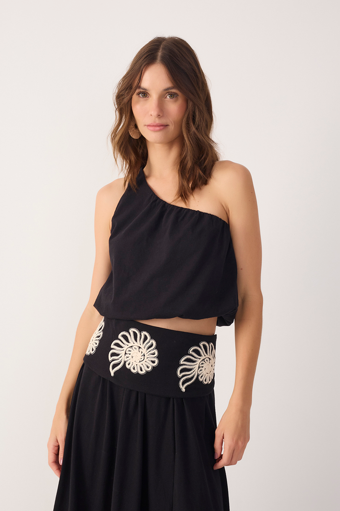 Black One-Shoulder Balloon Blouse_2