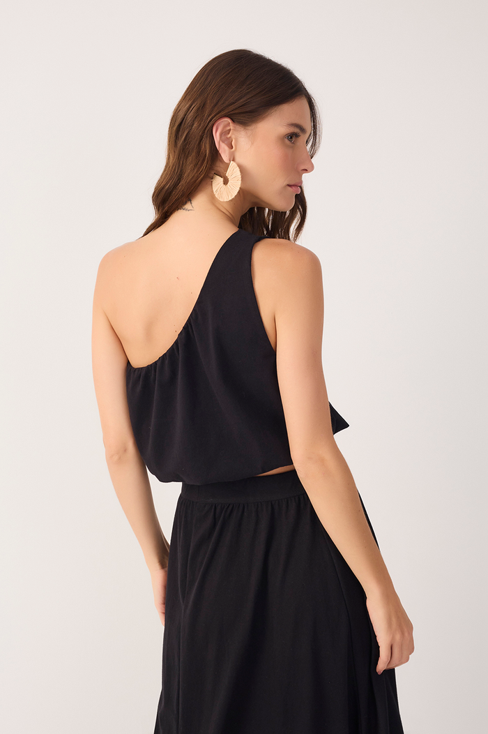 Black One-Shoulder Balloon Blouse_5