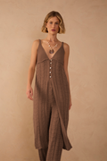 Brown V Neck Buttoned Tricot Maxi Tunic_1