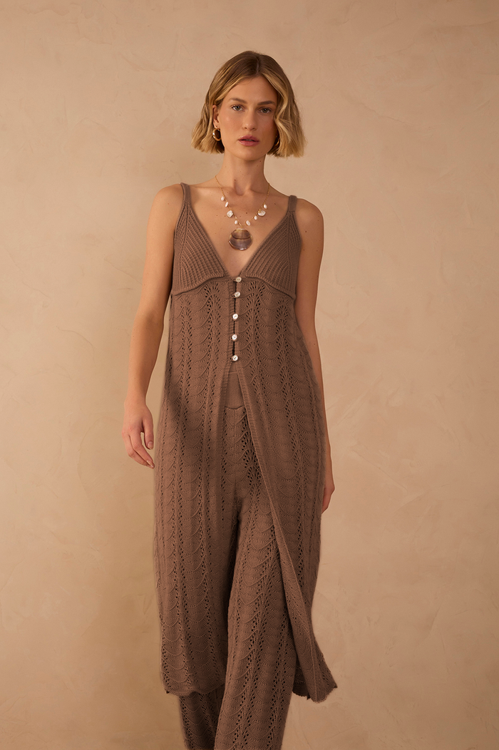 Brown V Neck Buttoned Tricot Maxi Tunic_1