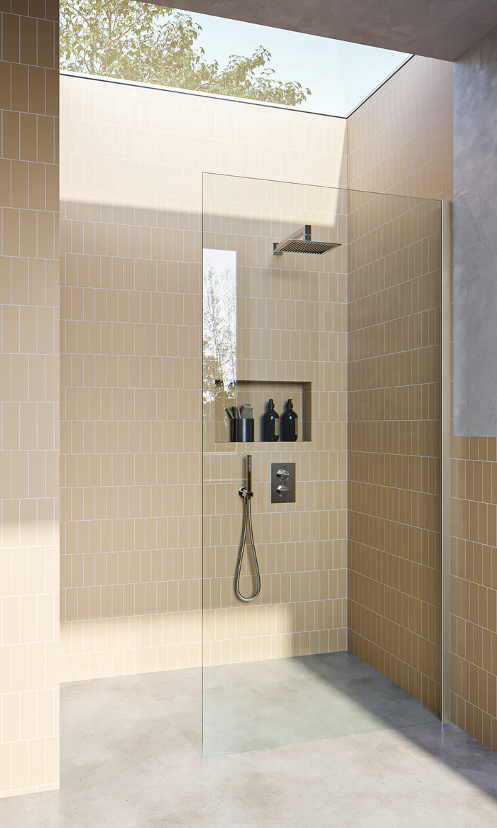 Brushed Nickel Fixed Frameless Shower Screen Panel with extended Dry Glaze U Channels - Image 1