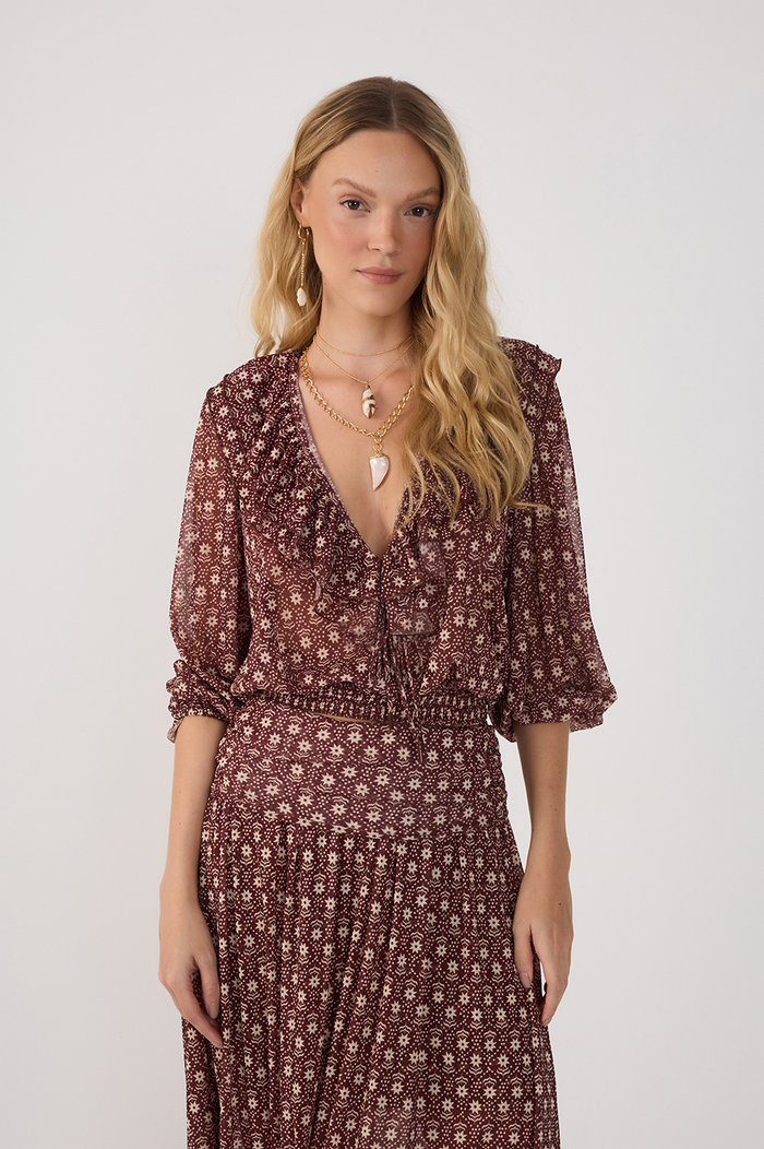 Burgundy Essencia Plunging Neck Front Ties Tulle Blouse_2