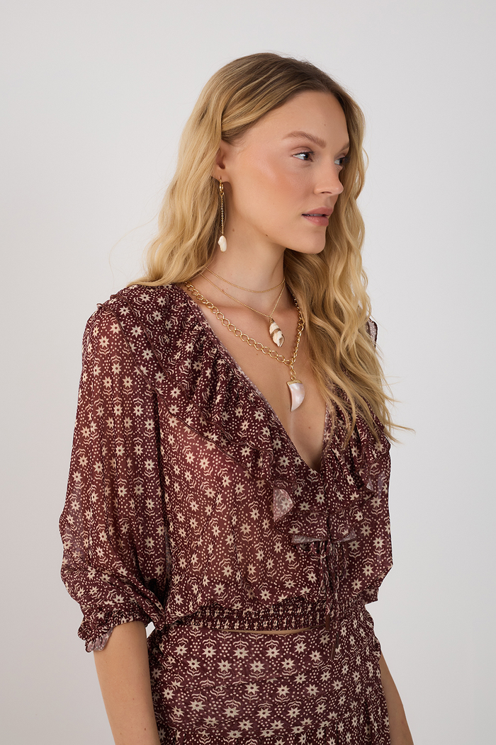 Burgundy Essencia Plunging Neck Front Ties Tulle Blouse_3