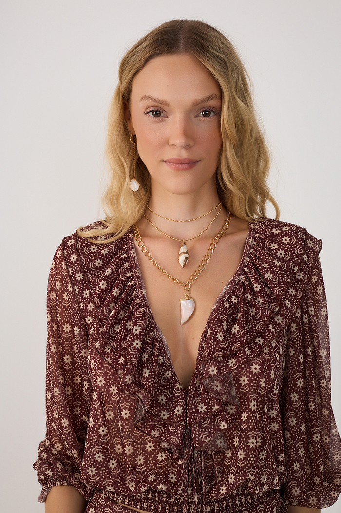 Burgundy Essencia Plunging Neck Front Ties Tulle Blouse_4