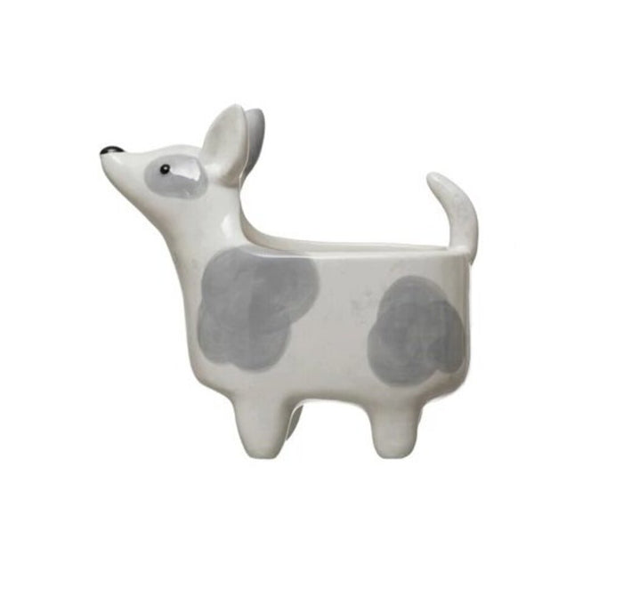 Ceramic Hand-Painted Dog Planter, Dot Grey