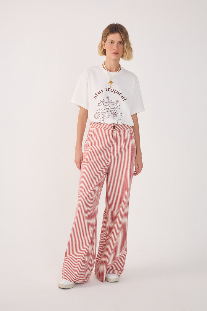 Red Stripes Pockets Wide-Leg Twill Pants_2