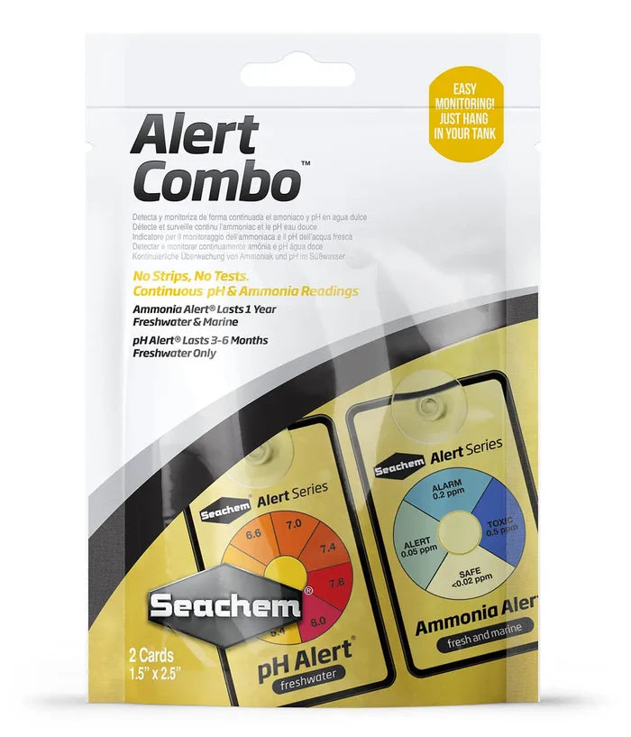 Seachem alert combo package with ph and ammonia monitoring cards in yellow black and white packaging with circular indicators