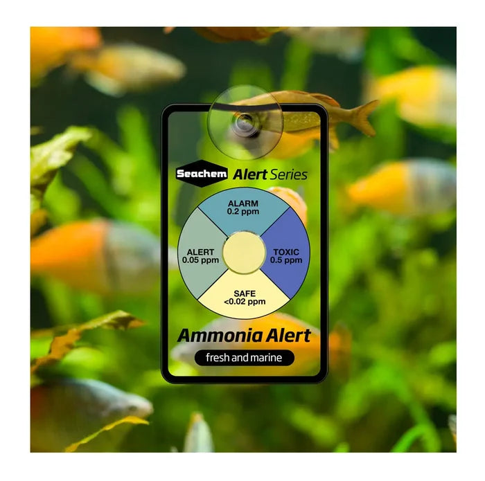 Seachem Ammonia Alert test strip for aquariums with color-coded safe to toxic zones